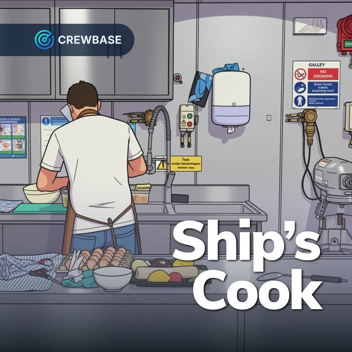 Ship's cook working in stainless steel galley with eggs produce and CrewBase branding