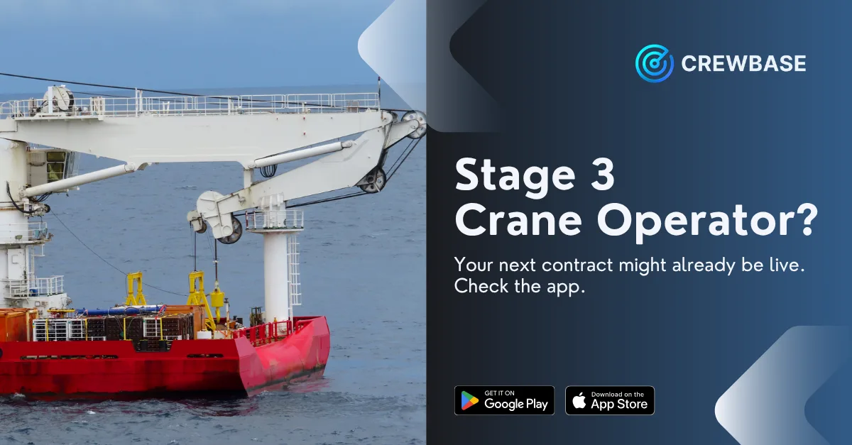 Offshore vessel crane on red barge with CrewBase stage 3 crane operator recruitment text