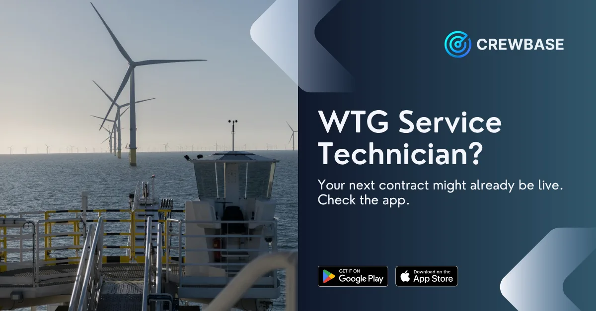 Offshore wind farm with technician viewpoint and CrewBase WTG service technician job ad