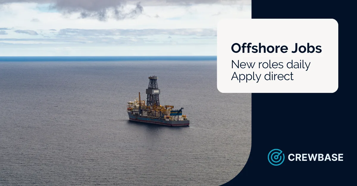 Offshore drillship on blue ocean with CrewBase text offshore jobs new roles daily apply direct