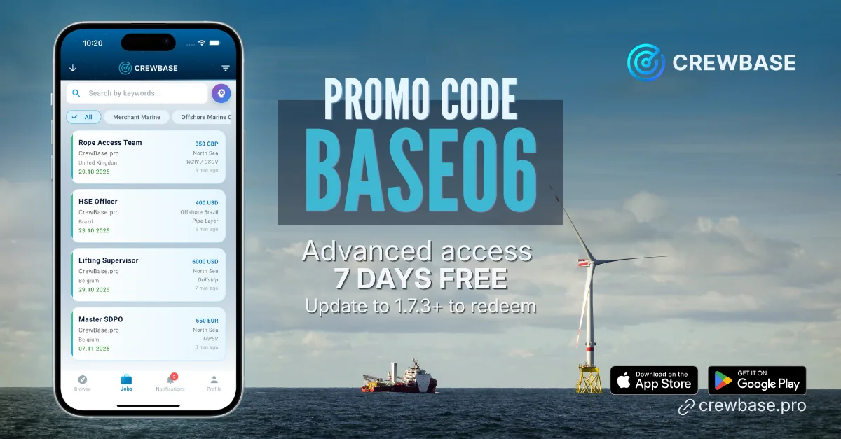 CrewBase promo BASE06 for 7 days free advanced access with app on offshore wind farm background