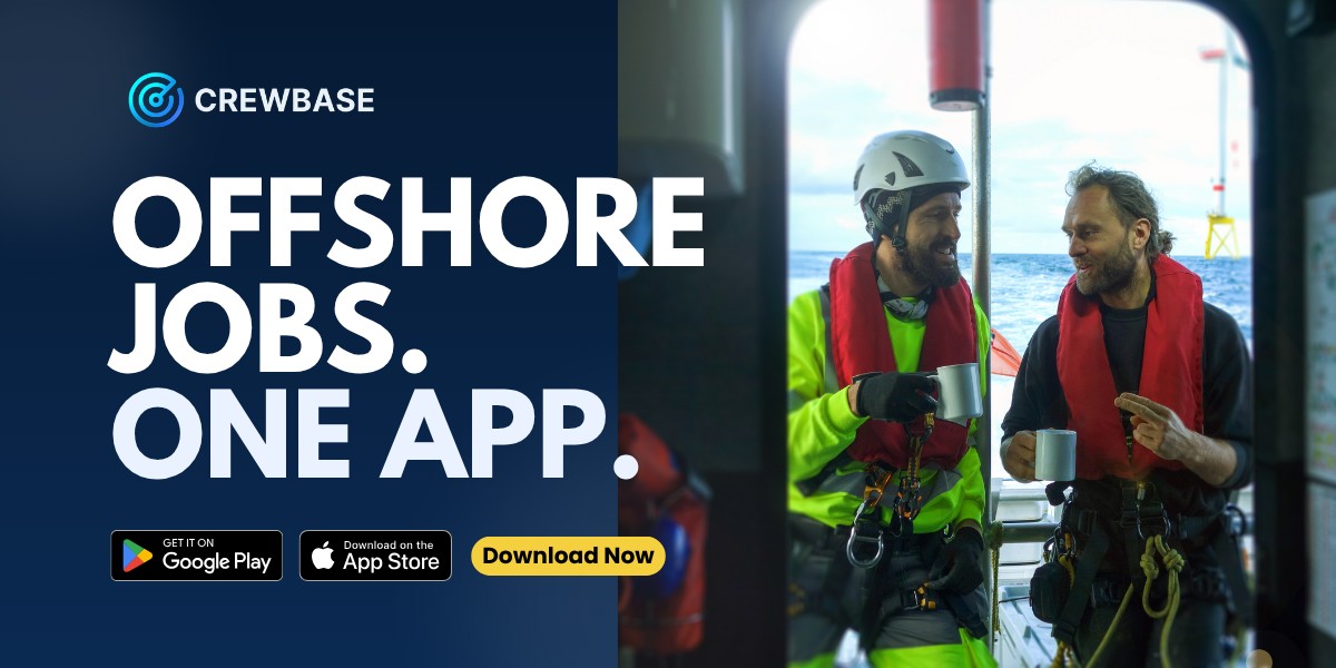 Example CrewBase in-app banner, 1200 by 600 pixels, split layout with brand message and offshore photography