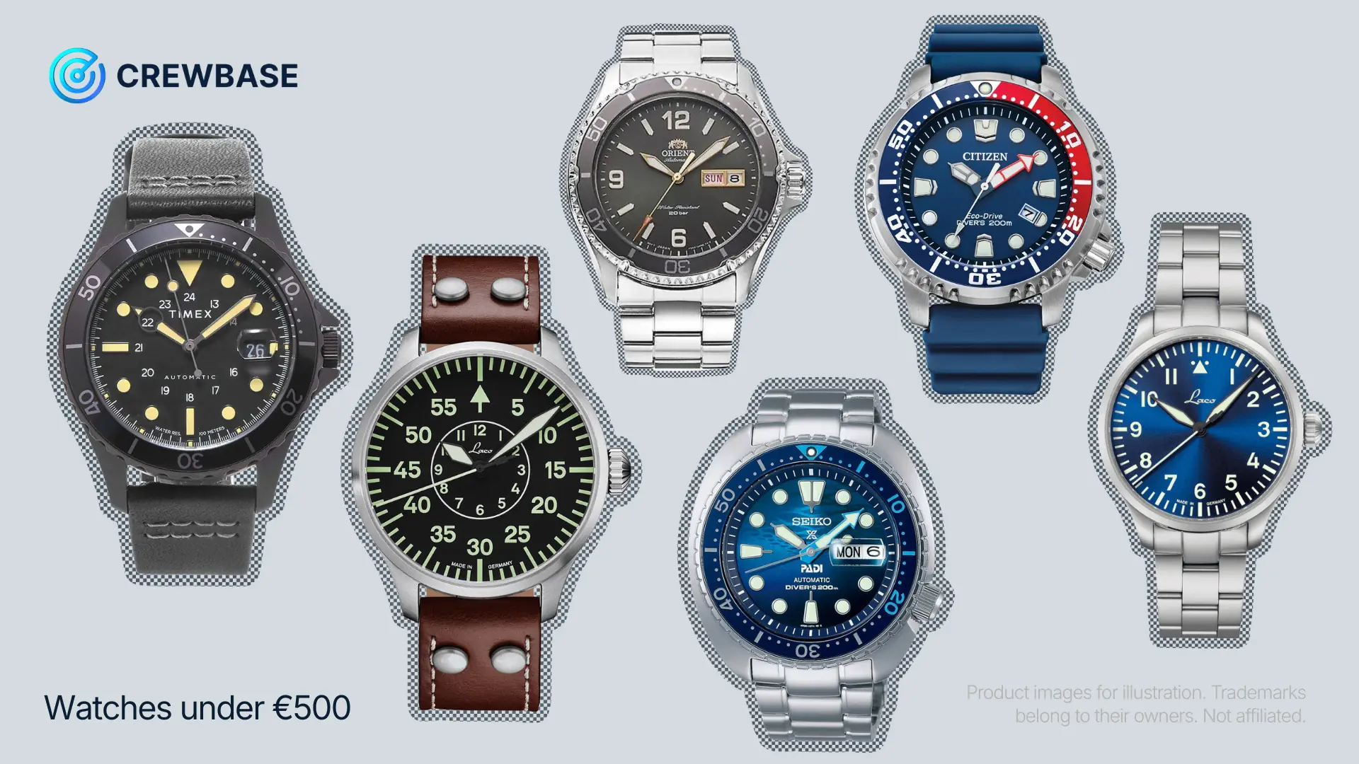 Watches under €500 set 1: Timex Navi XL, Laco Aachen, Orient Kamasu, Seiko King Turtle, Citizen Promaster Eco-Drive, Laco Blaue Stunde