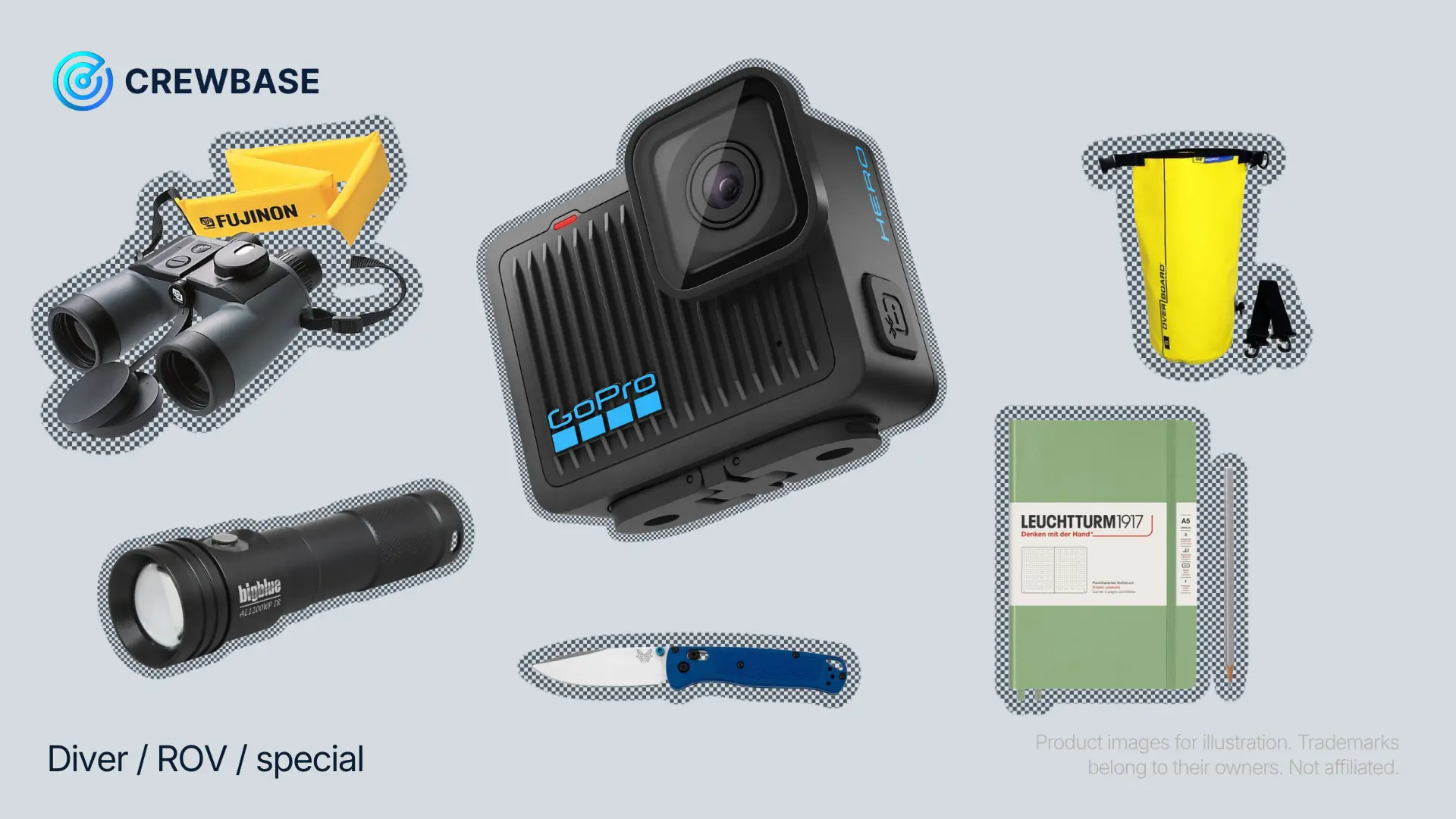 Diver and special gifts: Fujinon marine binoculars, GoPro Hero, Bigblue AL1200 dive light, folding knife, dry bag, Leuchtturm notebook