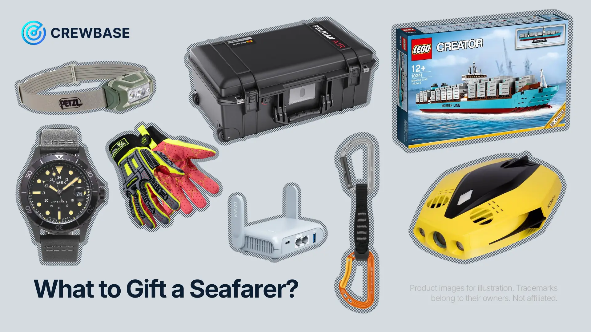 Gift collage: Timex watch, Pelican case, LEGO Maersk, mini-ROV, Wi-Fi 6 travel router, rigger gloves, Petzl headlamp, carabiners