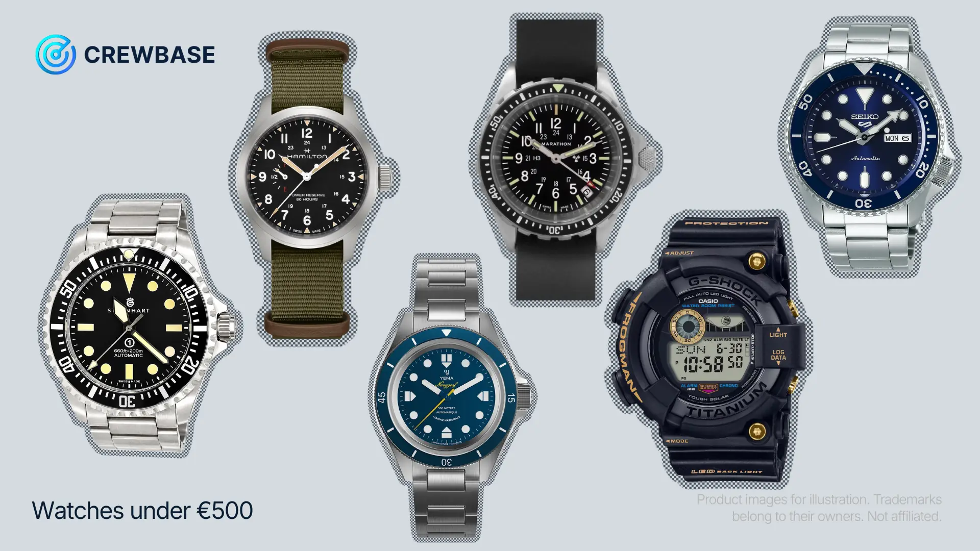 Watches under €500 set 2: Steinhart Ocean One, Hamilton Khaki Field, Yema Navygraf, Marathon SAR, Casio Frogman, Seiko 5 Sports