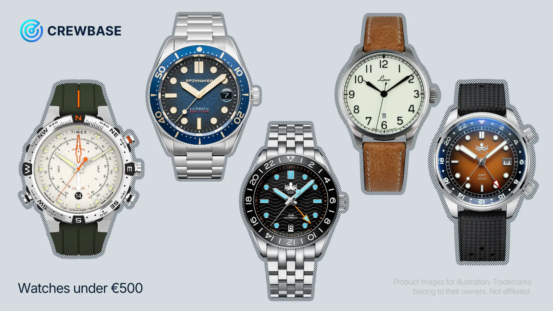 Watches under €500 set 3: Timex Expedition Tide-Temp-Compass, Spinnaker diver, two Phoibos GMT colourways, Laco cream dial