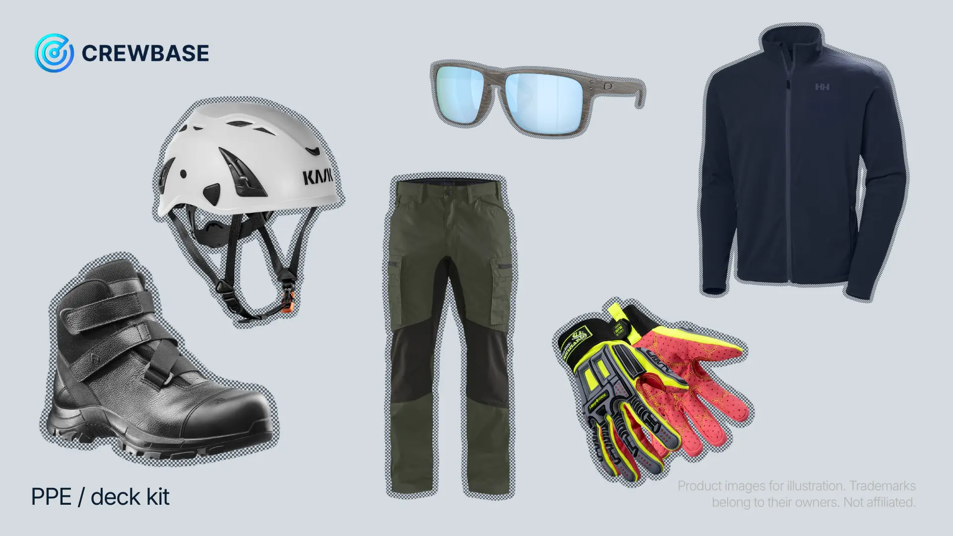 PPE and deck kit: Kask helmet, rigger boots with straps, sunglasses, work trousers, cut-proof rigger gloves, Helly Hansen fleece