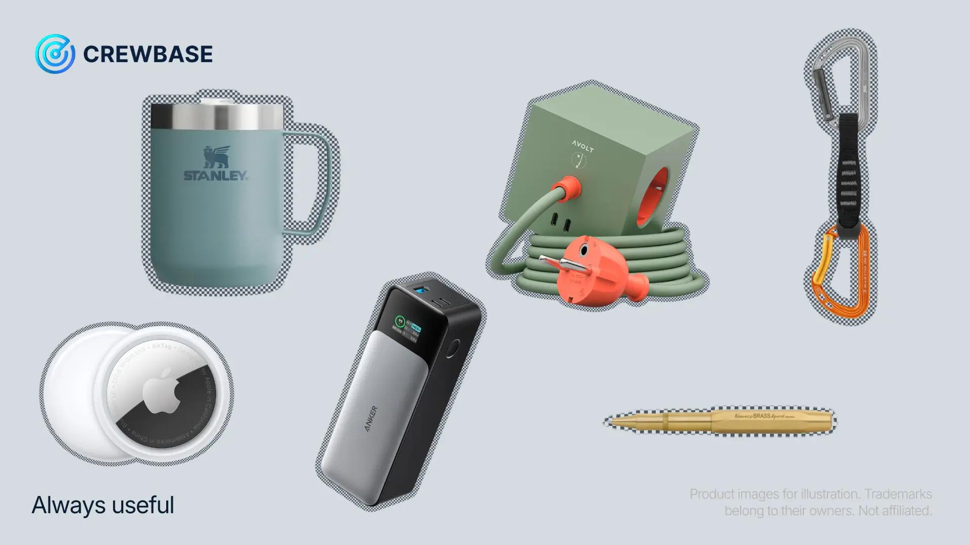 Always useful gifts: Stanley mug, AVOLT Square 1 3 m USB power strip, carabiners, Kaweco Brass Sport, Anker power bank, Apple AirTags