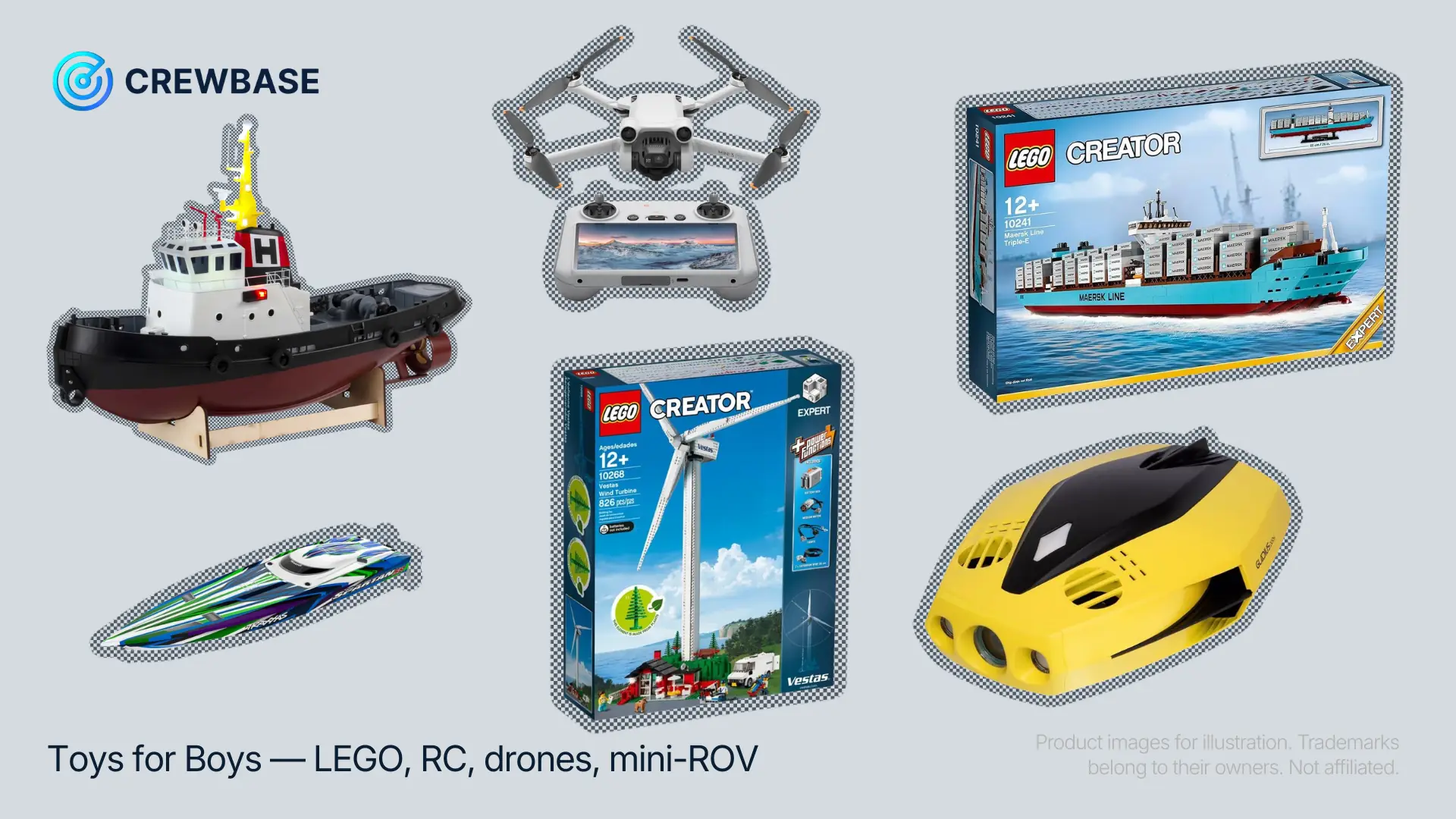 LEGO Maersk and Vestas, RC tug, RC speedboat, DJI Mini drone, CHASING Gladius underwater ROV
