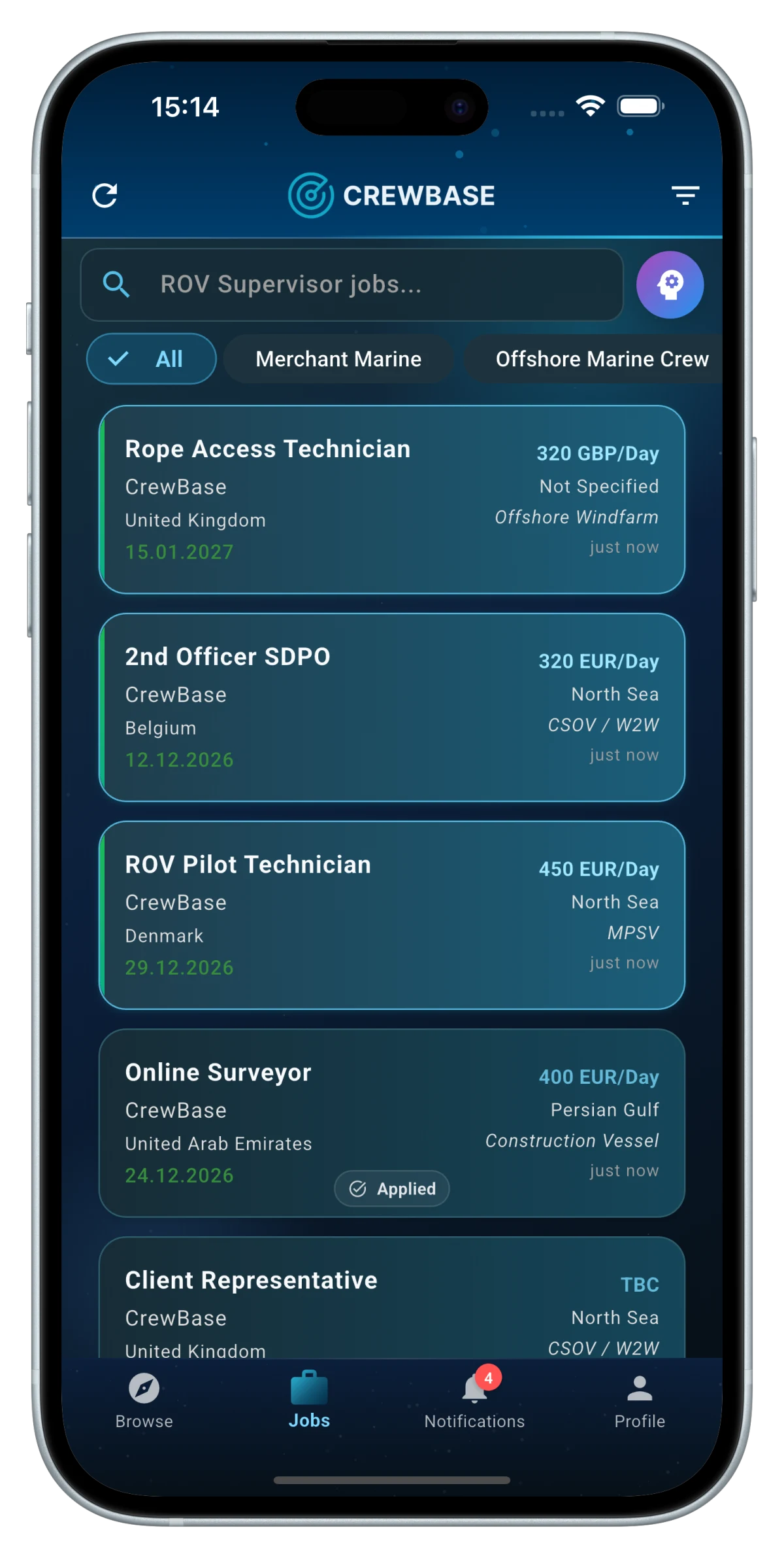 CrewBase jobs screen