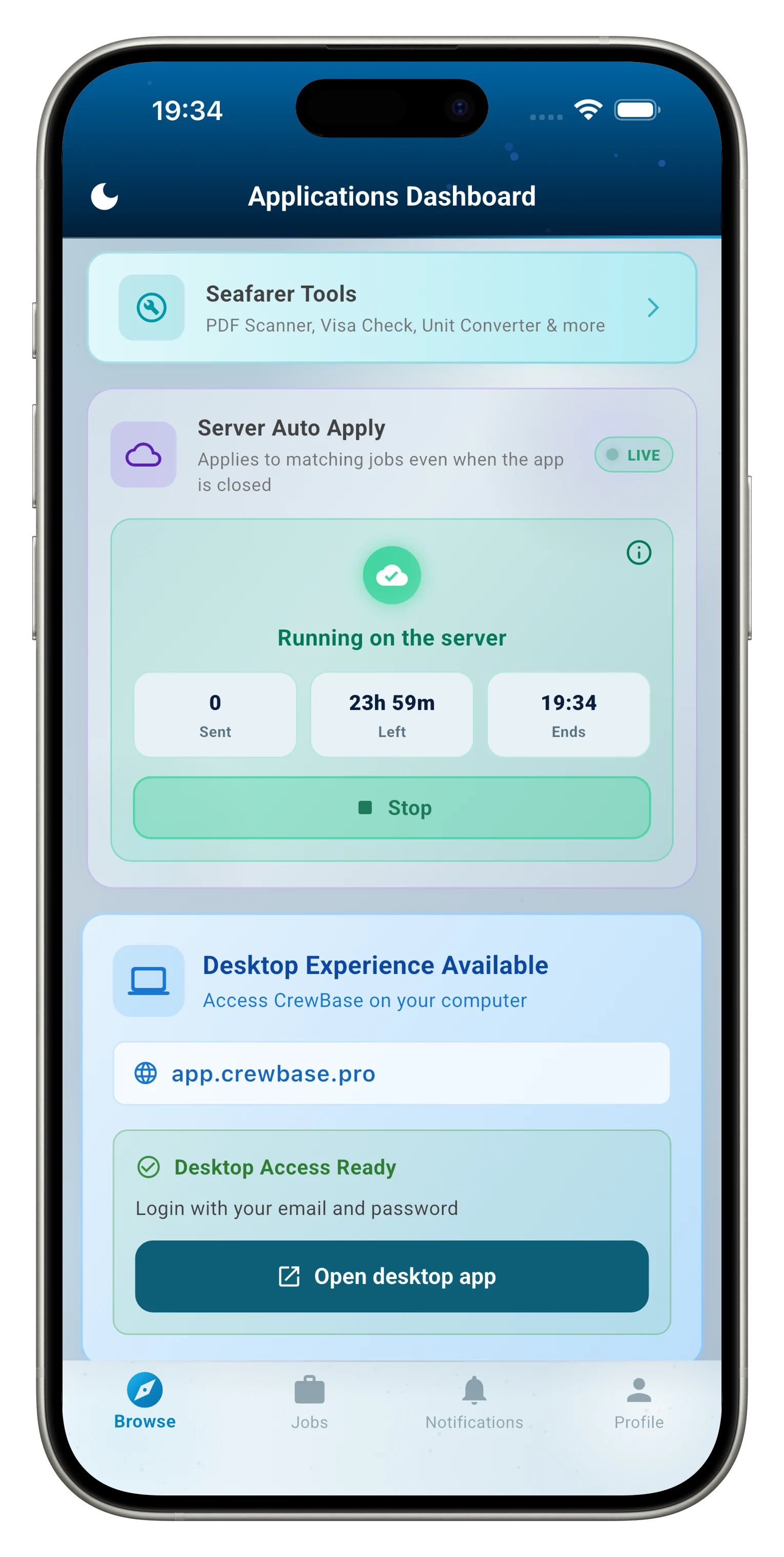CrewBase Server Auto Apply live — running on the server, with time left and a Stop button