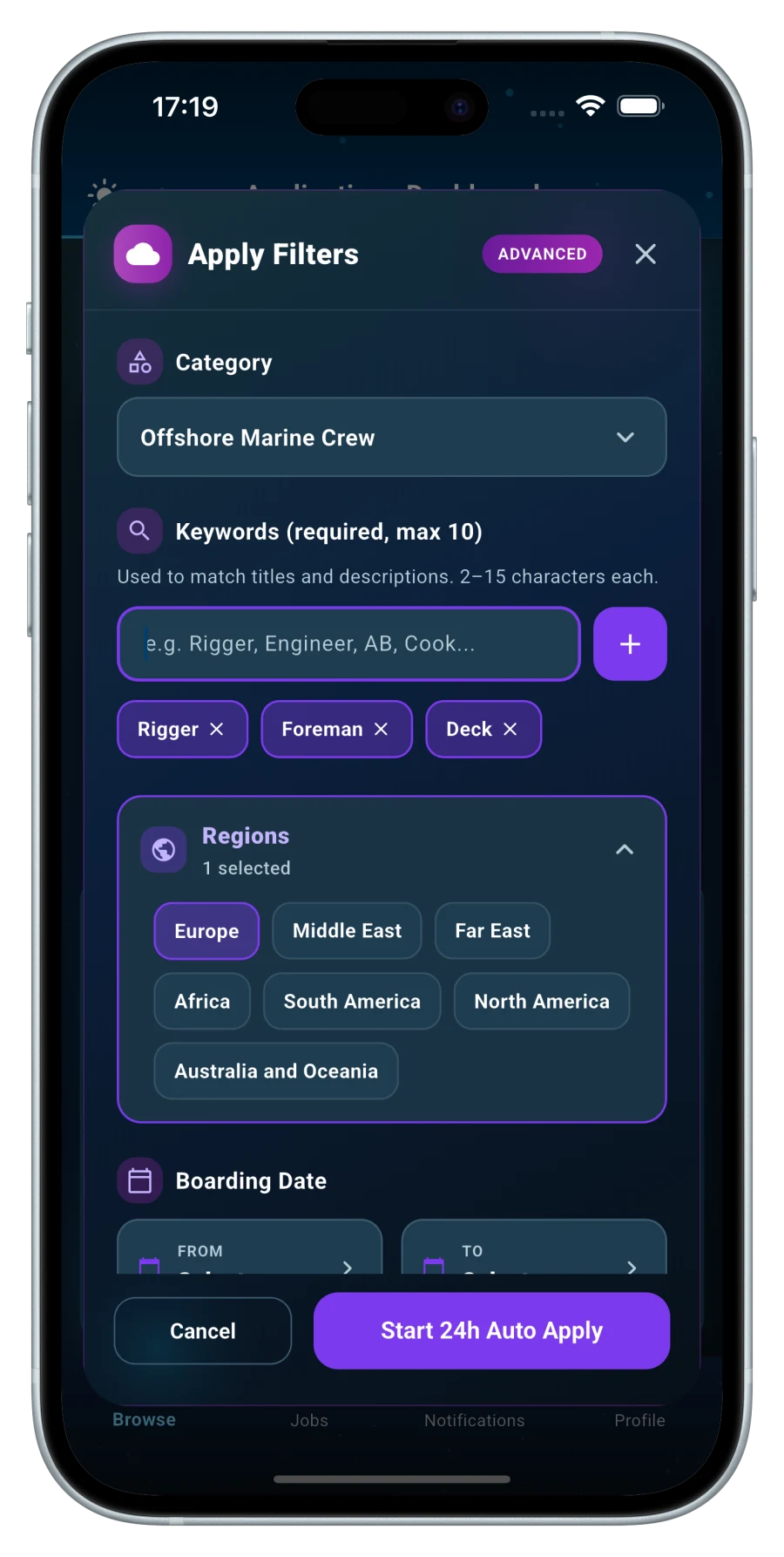 CrewBase Auto Apply — filters for category, keywords, region and boarding dates