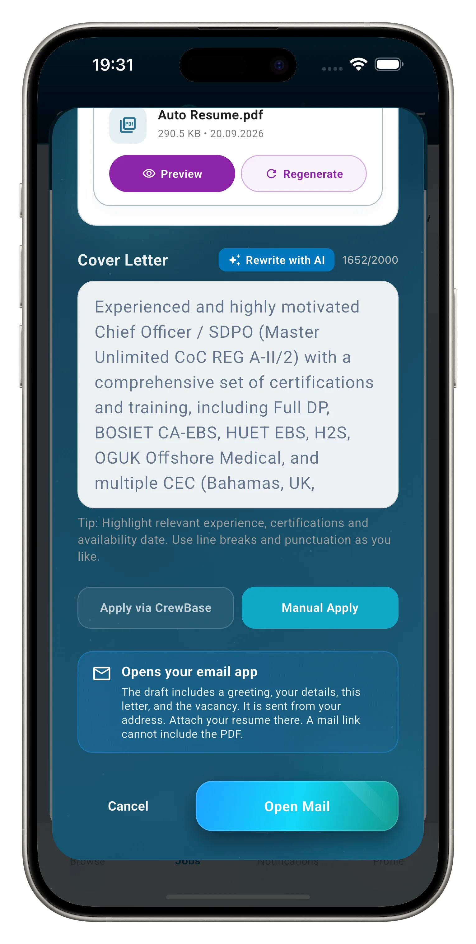 CrewBase Manual Apply — Open Mail with the cover letter drafted from your own address