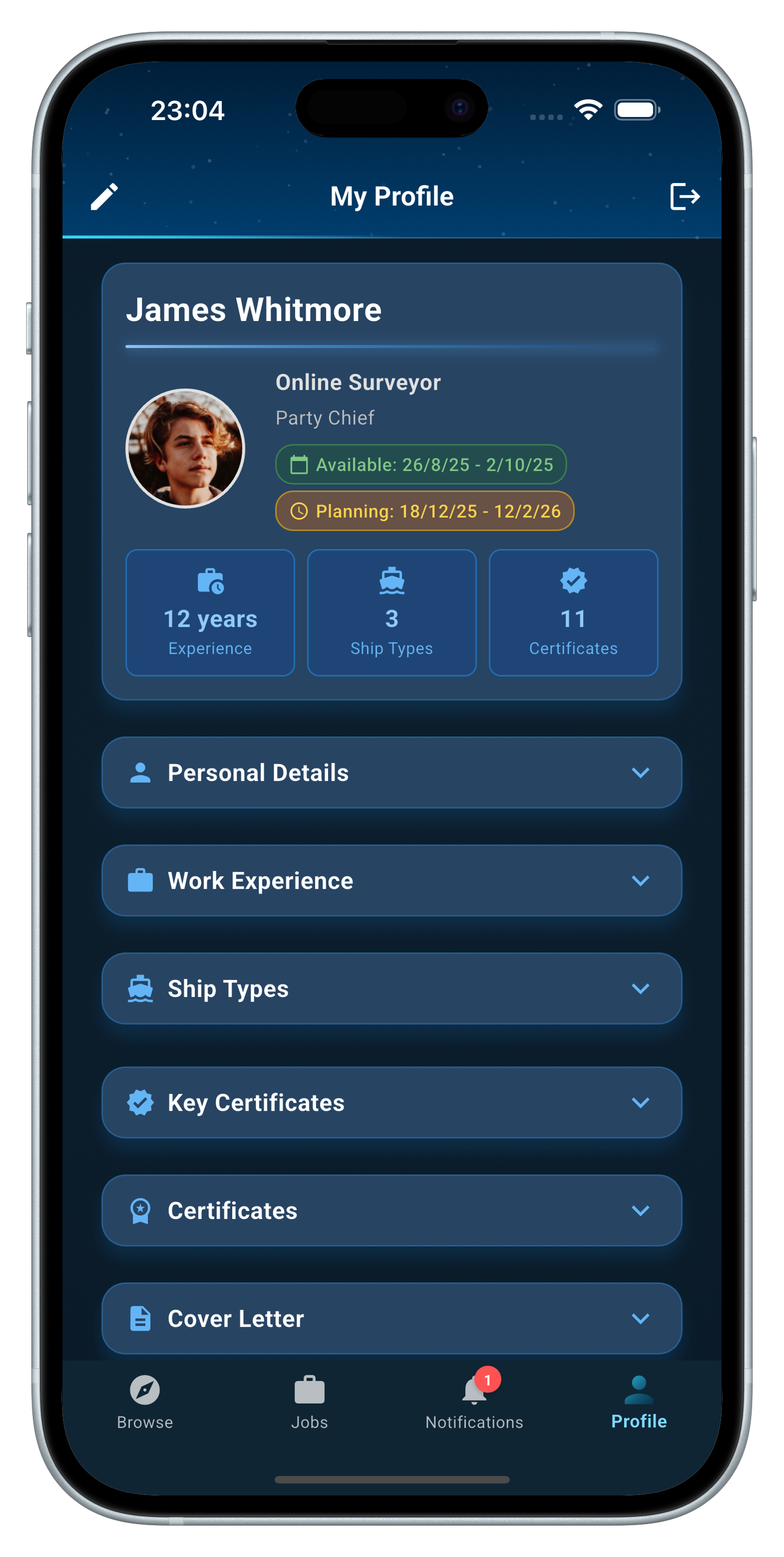 Profile screen