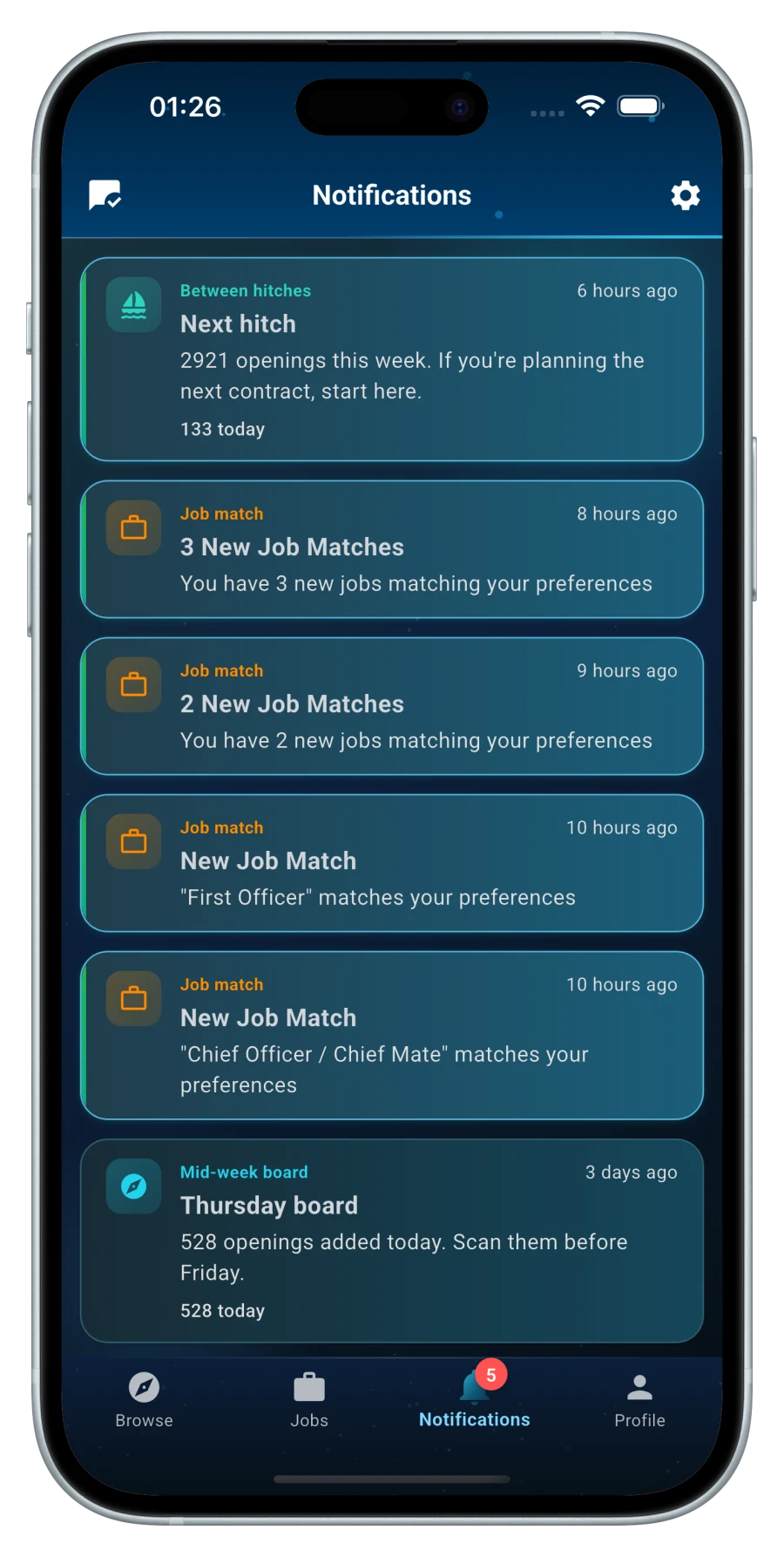 CrewBase notifications — hitch boards and job matches
